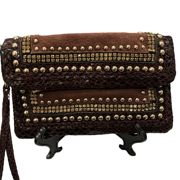 Cache Brown Leather and Suede Studded Wristlet Clutch - Picture 3 of 10